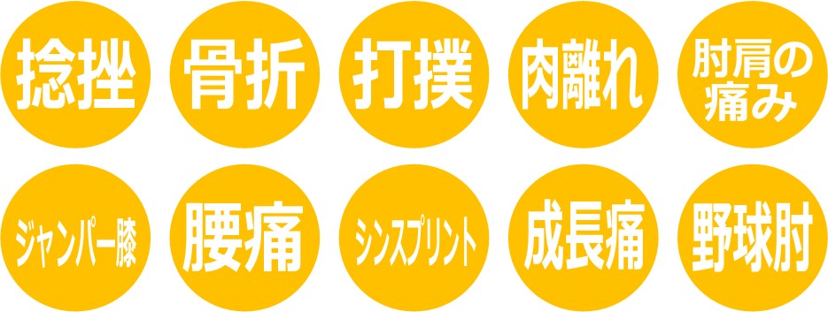 捻挫,骨折,打撲,肉離れ,成長痛,シンスプリント,腰痛,野球肘
